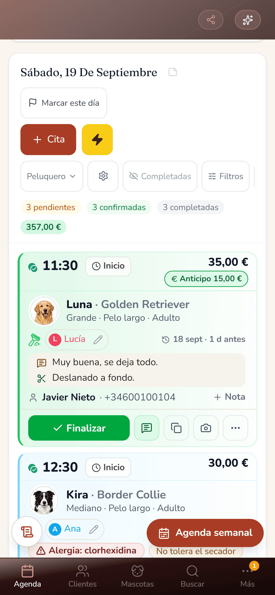 La misma agenda en el móvil, con las citas del día y el total de pendientes, confirmadas y completadas.